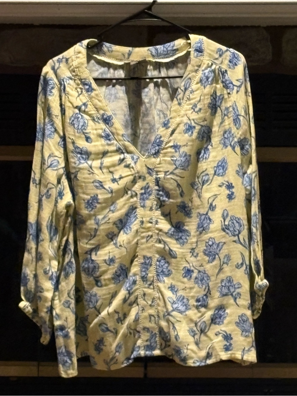 Style & Co. Yellow V-Neck Blouse with Blue Floral Print